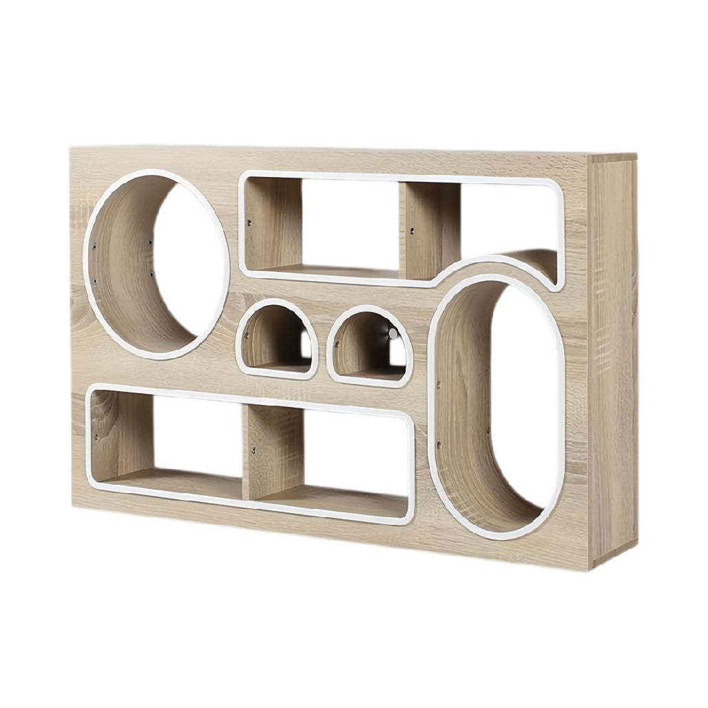 Modulaire muurplank met cirkelvormige en rechthoekige nissen